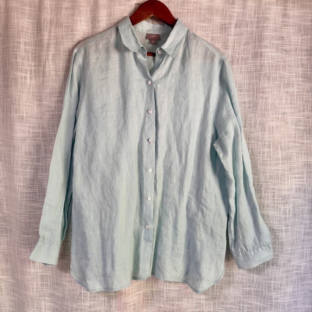 J Jill 100 Linen Long Sleeve Button Down Shirt Light Blue Size Large